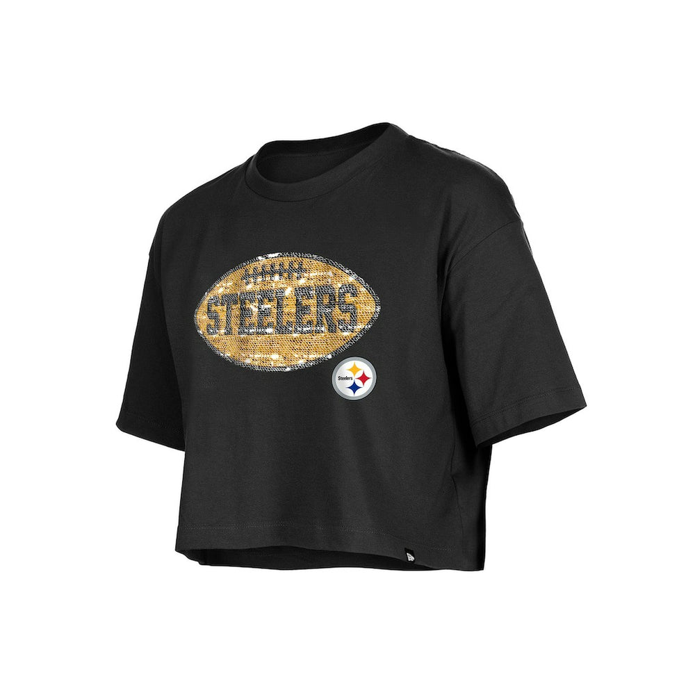 Pittsburgh Steelers New Era Girl's Flip Sequin Boxy T-Shirt - Black T-shirts
