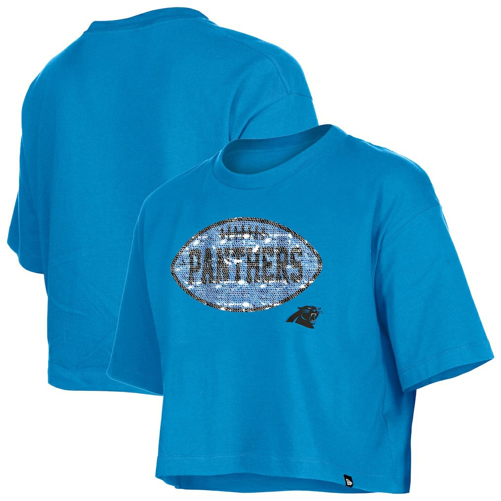 Carolina Panthers New Era Girl's Flip Sequin Boxy T-Shirt - Blue T-shirts