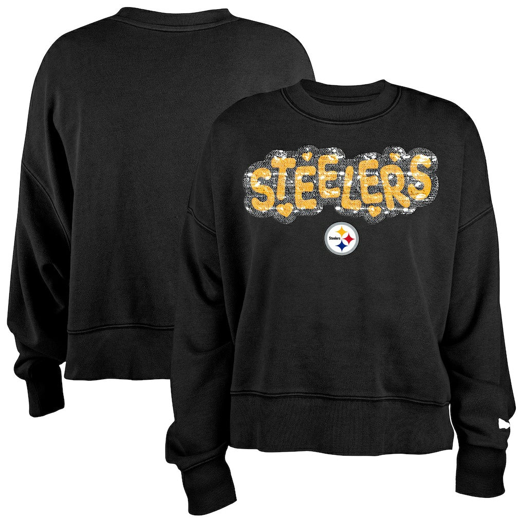 Pittsburgh Steelers New Era Girl's Flip Sequin Sweatshirt - Black Sweatshirts
