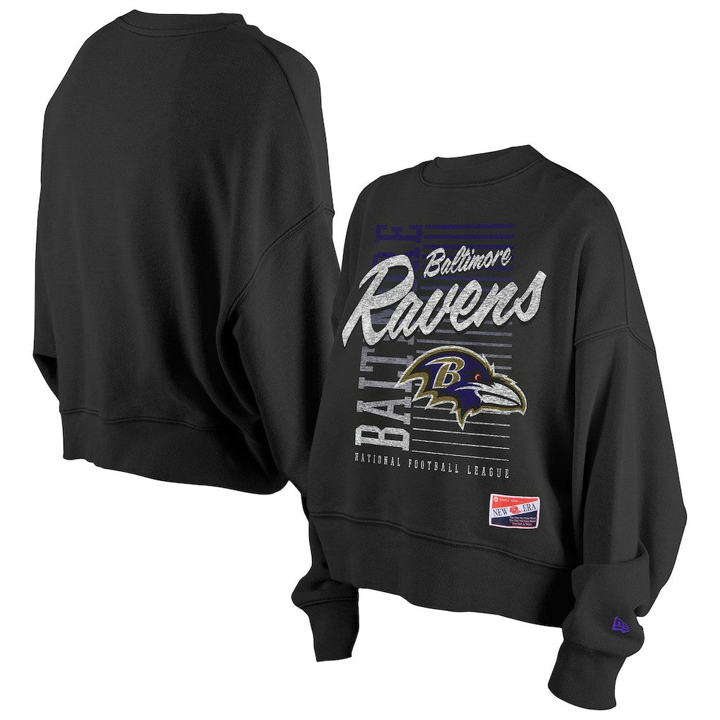 Baltimore Ravens New Era Women's Oversized Throwback Mineral Wash Crew Neck Sweatshirt - Black Sweatshirts
