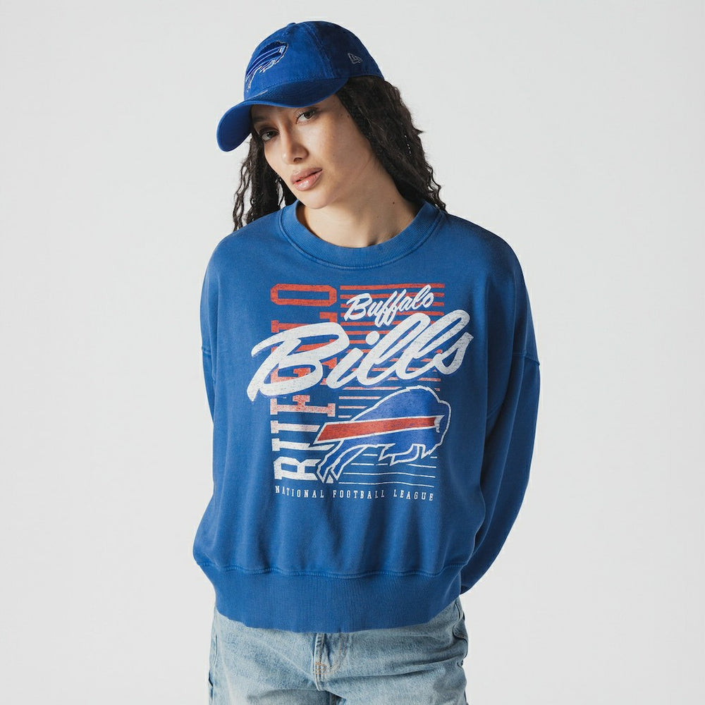 Buffalo Bills New Era Women's Oversized Throwback Mineral Wash Crew Neck Sweatshirt - Royal Sweatshirts