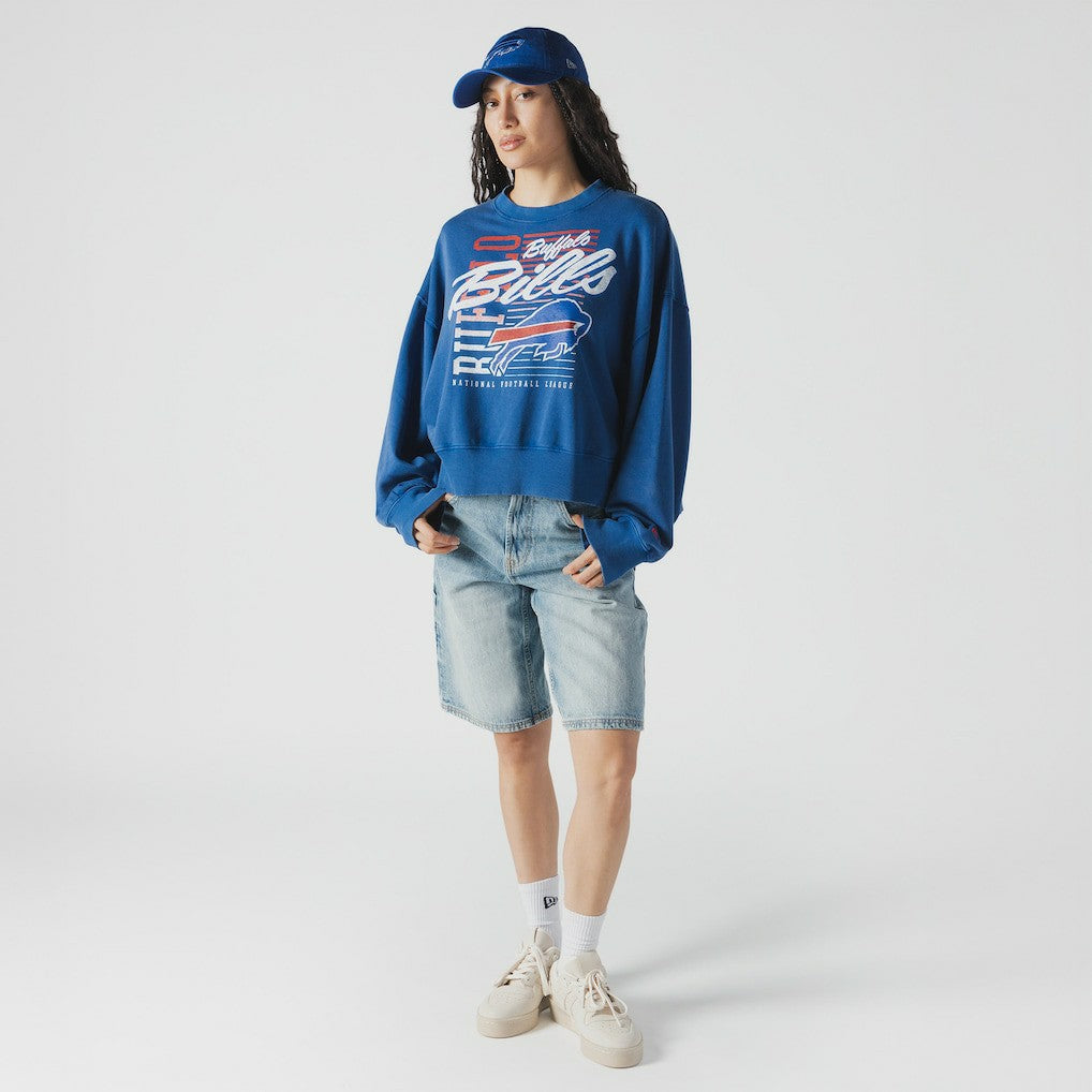 Buffalo Bills New Era Women's Oversized Throwback Mineral Wash Crew Neck Sweatshirt - Royal Sweatshirts