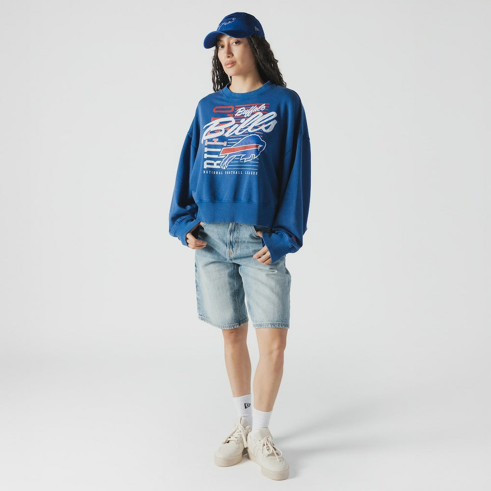 Buffalo Bills New Era Women's Oversized Throwback Mineral Wash Crew Neck Sweatshirt - Royal Sweatshirts