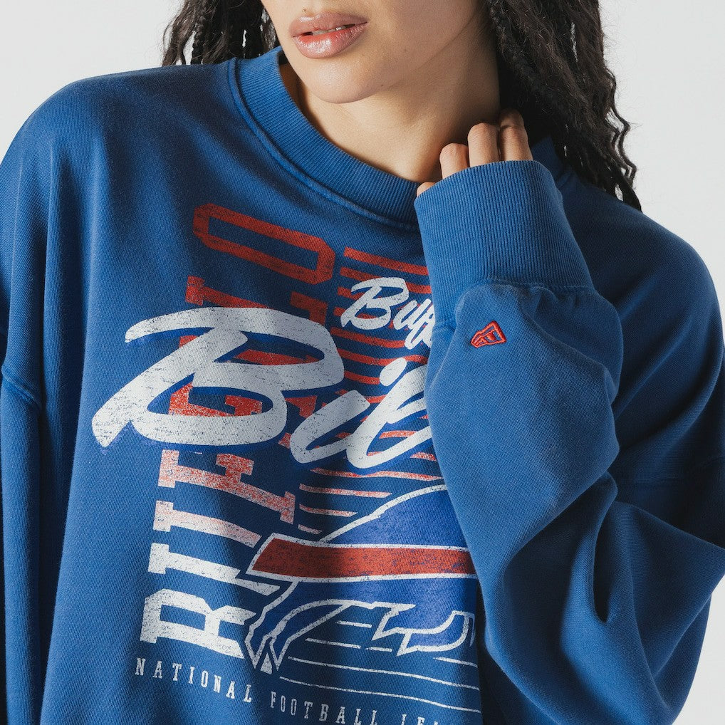 Buffalo Bills New Era Women's Oversized Throwback Mineral Wash Crew Neck Sweatshirt - Royal Sweatshirts