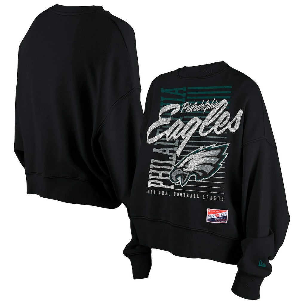 Philadelphia Eagles New Era Women's Oversized Throwback Mineral Wash Crew Neck Sweatshirt - Black Sweatshirts