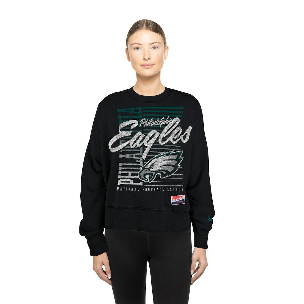 Philadelphia Eagles New Era Women's Oversized Throwback Mineral Wash Crew Neck Sweatshirt - Black Sweatshirts