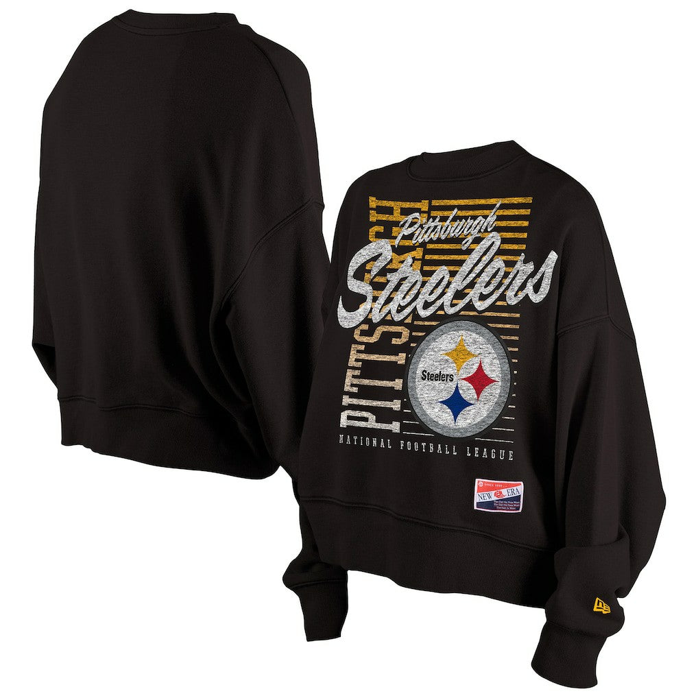 Pittsburgh Steelers New Era Women's Oversized Throwback Mineral Wash Crew Neck Sweatshirt - Black Sweatshirts