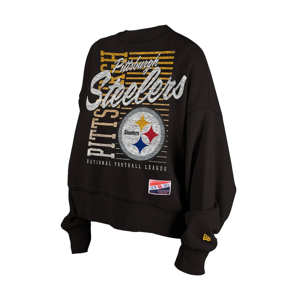 Pittsburgh Steelers New Era Women's Oversized Throwback Mineral Wash Crew Neck Sweatshirt - Black Sweatshirts