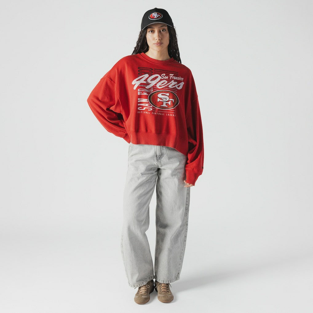 San Francisco 49ers New Era Women's Oversized Throwback Mineral Wash Crew Neck Sweatshirt - Scarlet Sweatshirts