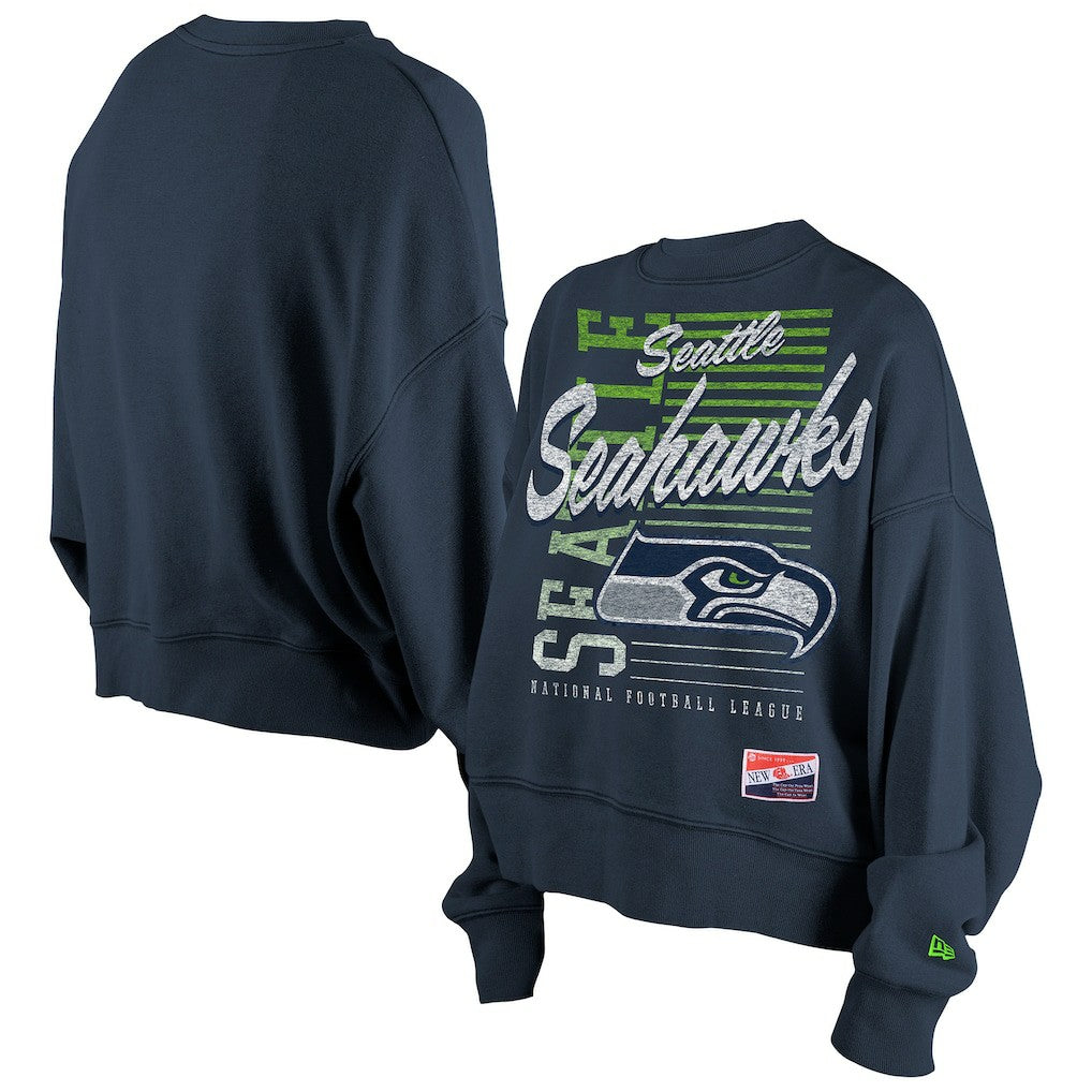 Seattle Seahawks New Era Women's Oversized Throwback Mineral Wash Crew Neck Sweatshirt - College Navy Sweatshirts
