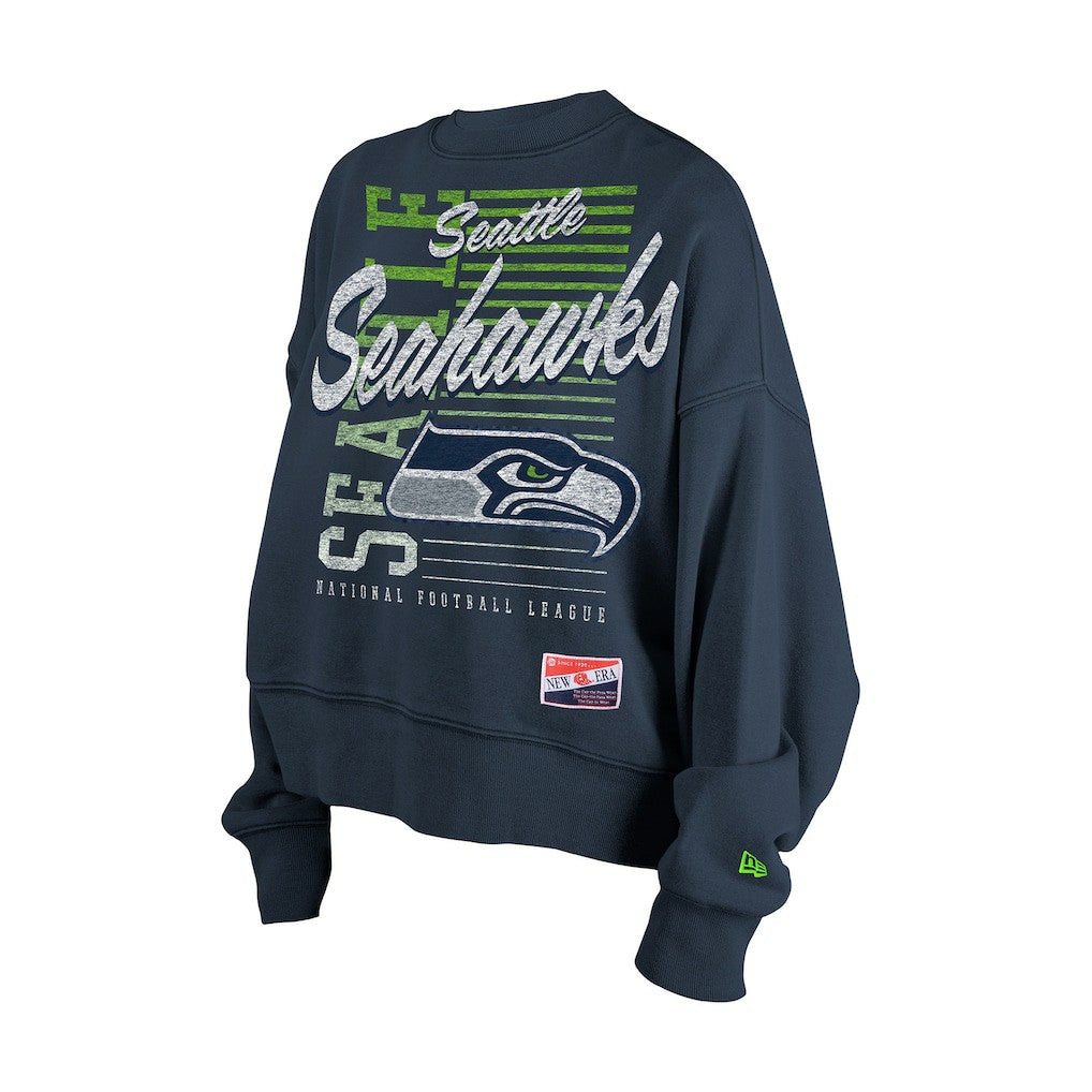 Seattle Seahawks New Era Women's Oversized Throwback Mineral Wash Crew Neck Sweatshirt - College Navy Sweatshirts