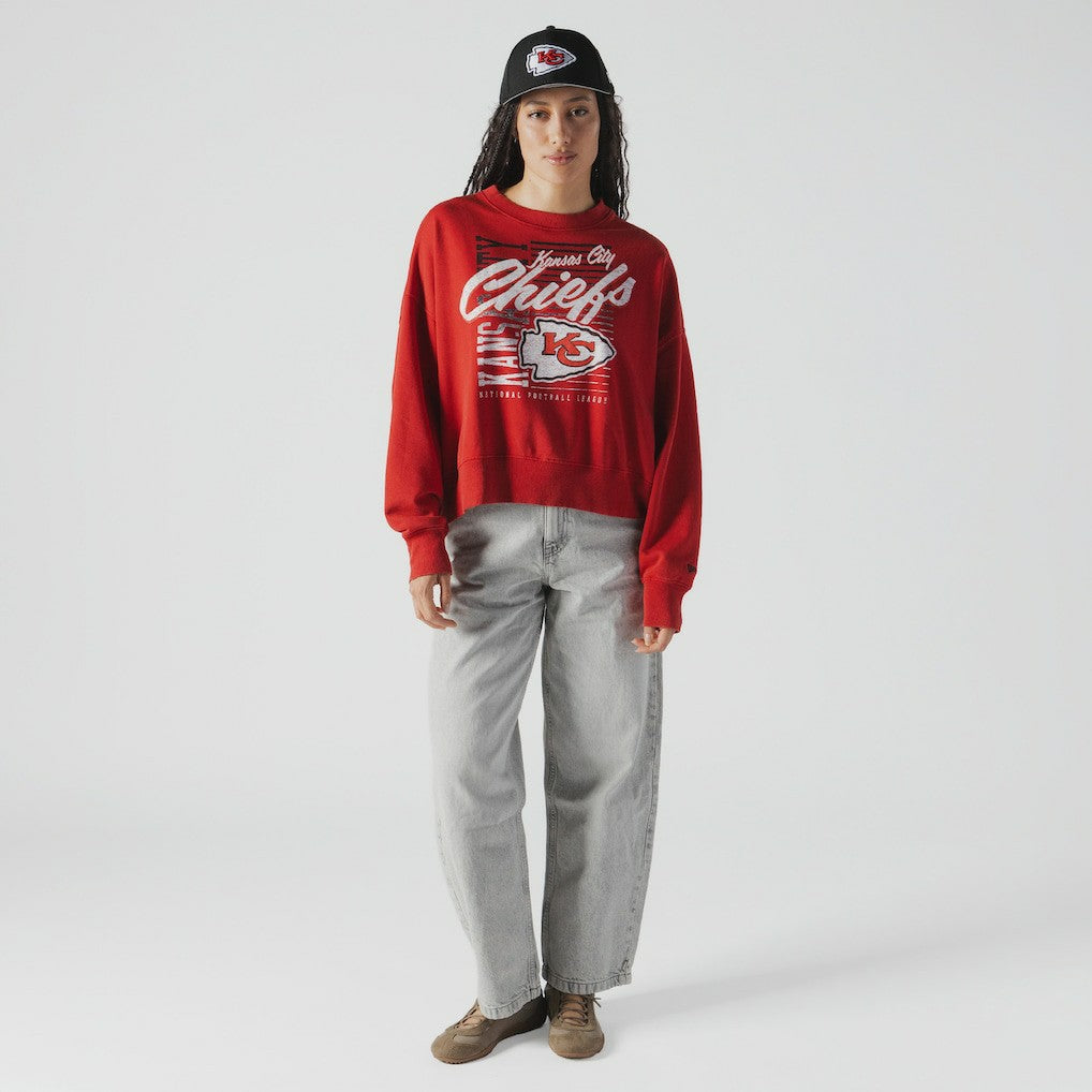 Kansas City Chiefs New Era Women's Oversized Throwback Mineral Wash Crew Neck Sweatshirt - Red Sweatshirts
