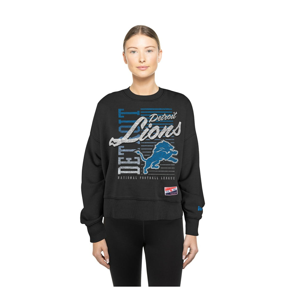 Detroit Lions New Era Women's Oversized Throwback Mineral Wash Crew Neck Sweatshirt - Black Sweatshirts