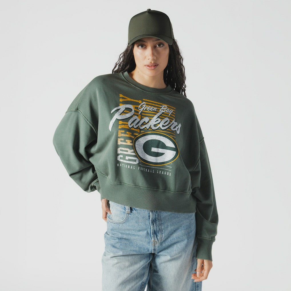 Green Bay Packers New Era Women's Oversized Throwback Mineral Wash Crew Neck Sweatshirt - Green Sweatshirts