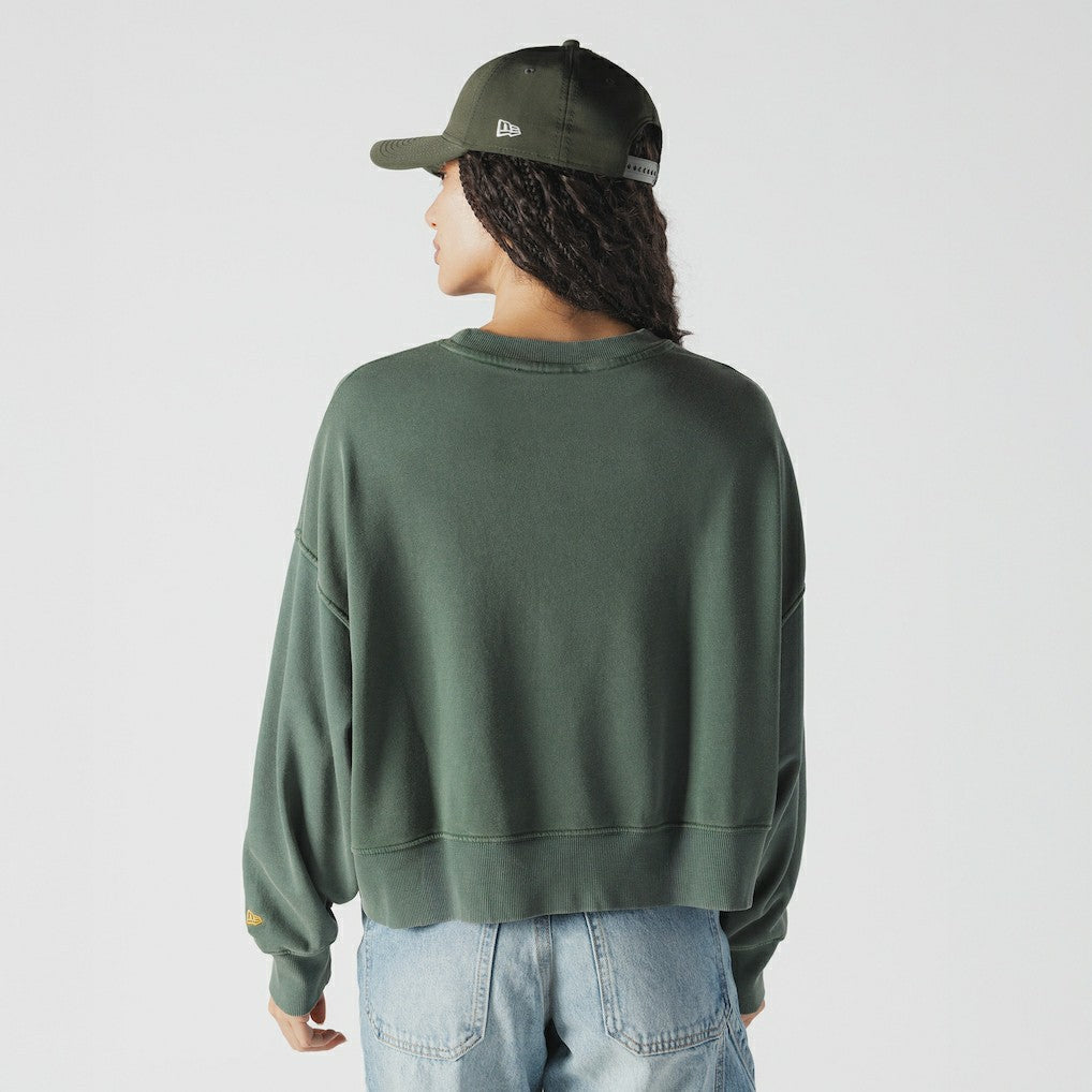 Green Bay Packers New Era Women's Oversized Throwback Mineral Wash Crew Neck Sweatshirt - Green Sweatshirts