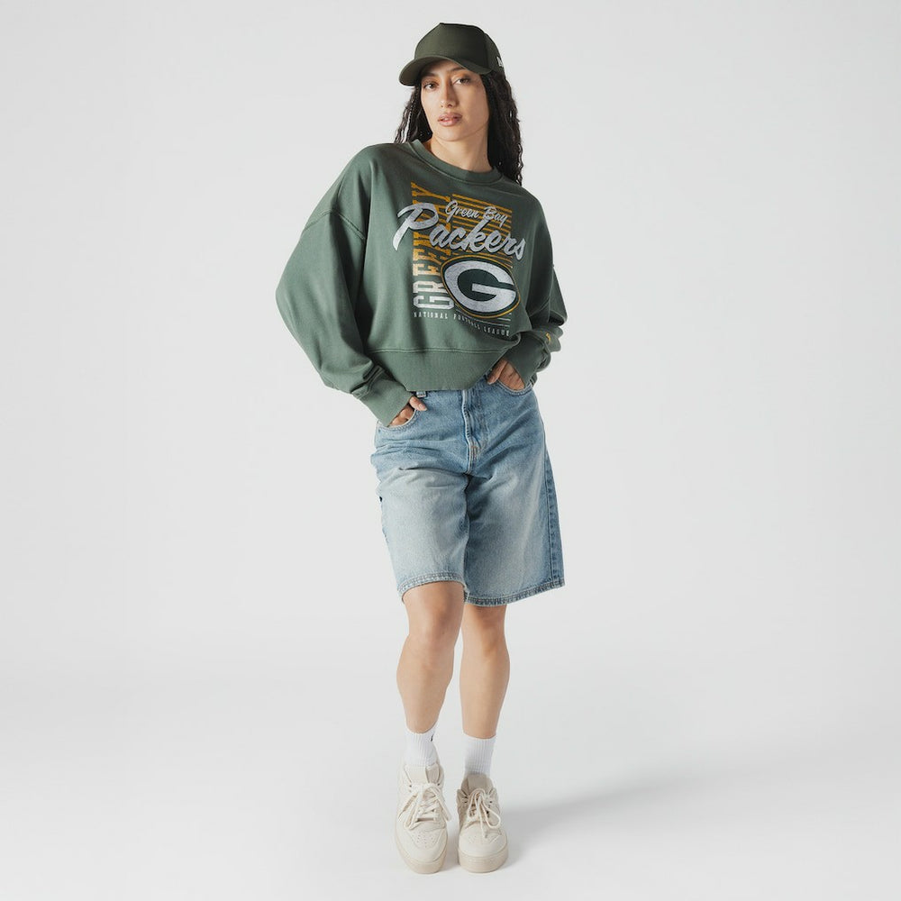 Green Bay Packers New Era Women's Oversized Throwback Mineral Wash Crew Neck Sweatshirt - Green Sweatshirts