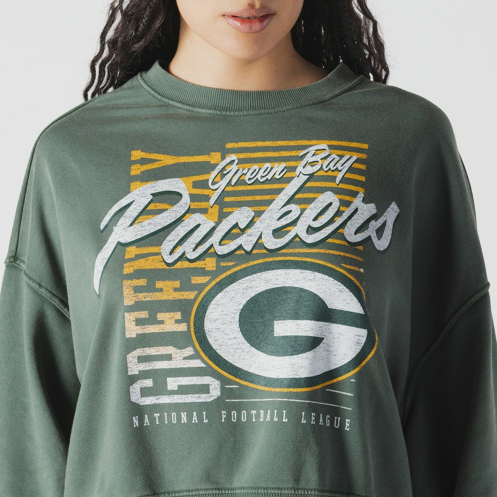Green Bay Packers New Era Women's Oversized Throwback Mineral Wash Crew Neck Sweatshirt - Green Sweatshirts