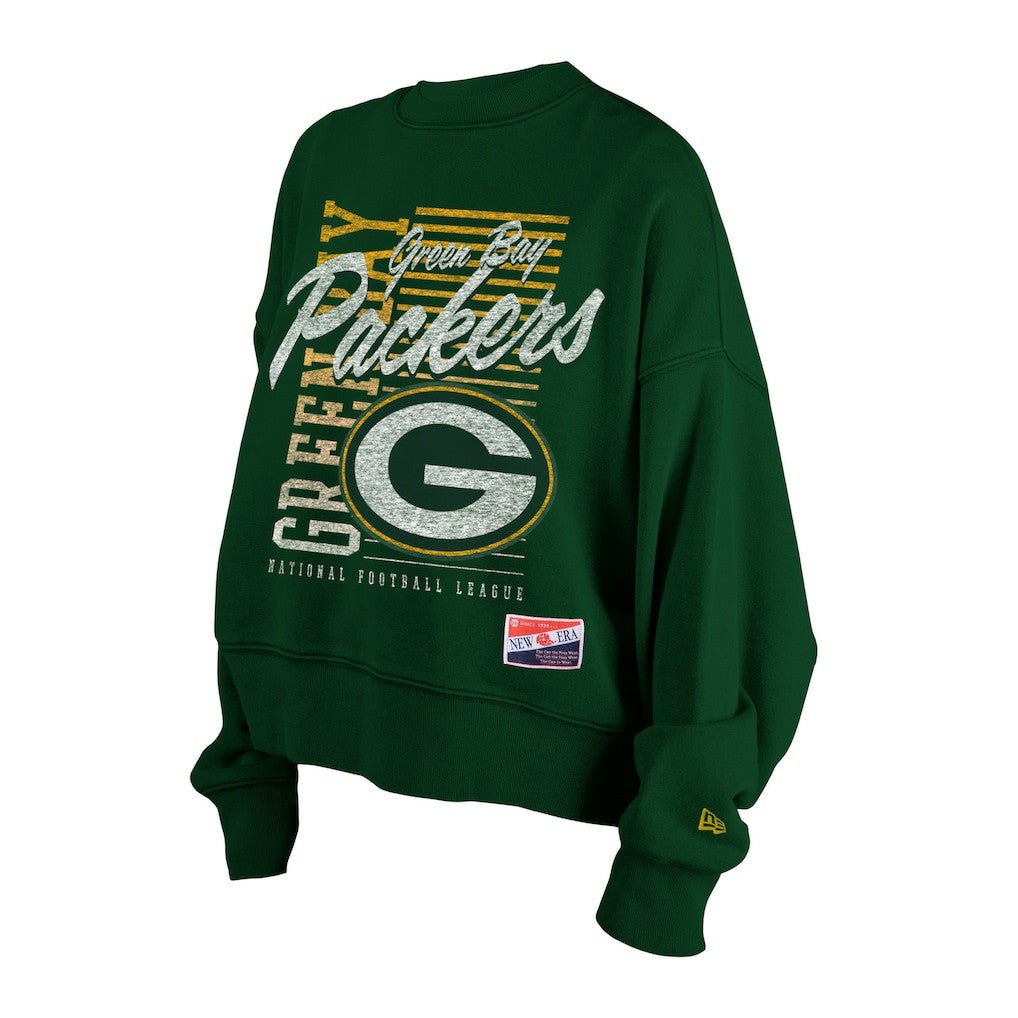 Green Bay Packers New Era Women's Oversized Throwback Mineral Wash Crew Neck Sweatshirt - Green Sweatshirts