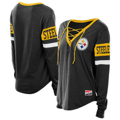 Pittsburgh Steelers New Era Women's Throwback Lace-Up Long-Sleeve T-Shirt - Black T-shirts