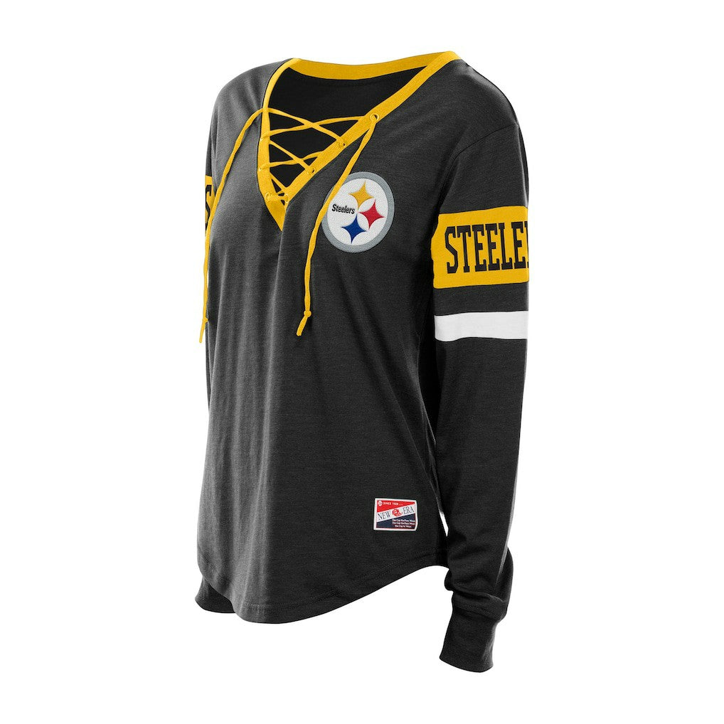 Pittsburgh Steelers New Era Women's Throwback Lace-Up Long-Sleeve T-Shirt - Black T-shirts