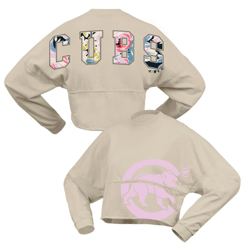 Chicago Cubs Fanatics Women's Floral Preppy Cropped Long Sleeve T-Shirt - Cream T-shirts