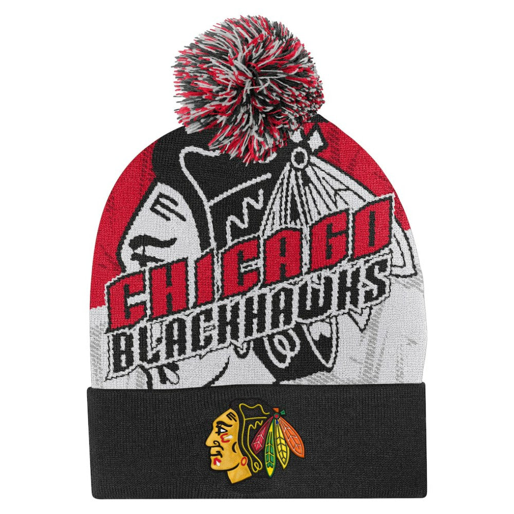 Chicago Blackhawks Outerstuff Youth New Edge Cuffed Knit Hat with Pom - Red | US 202603235