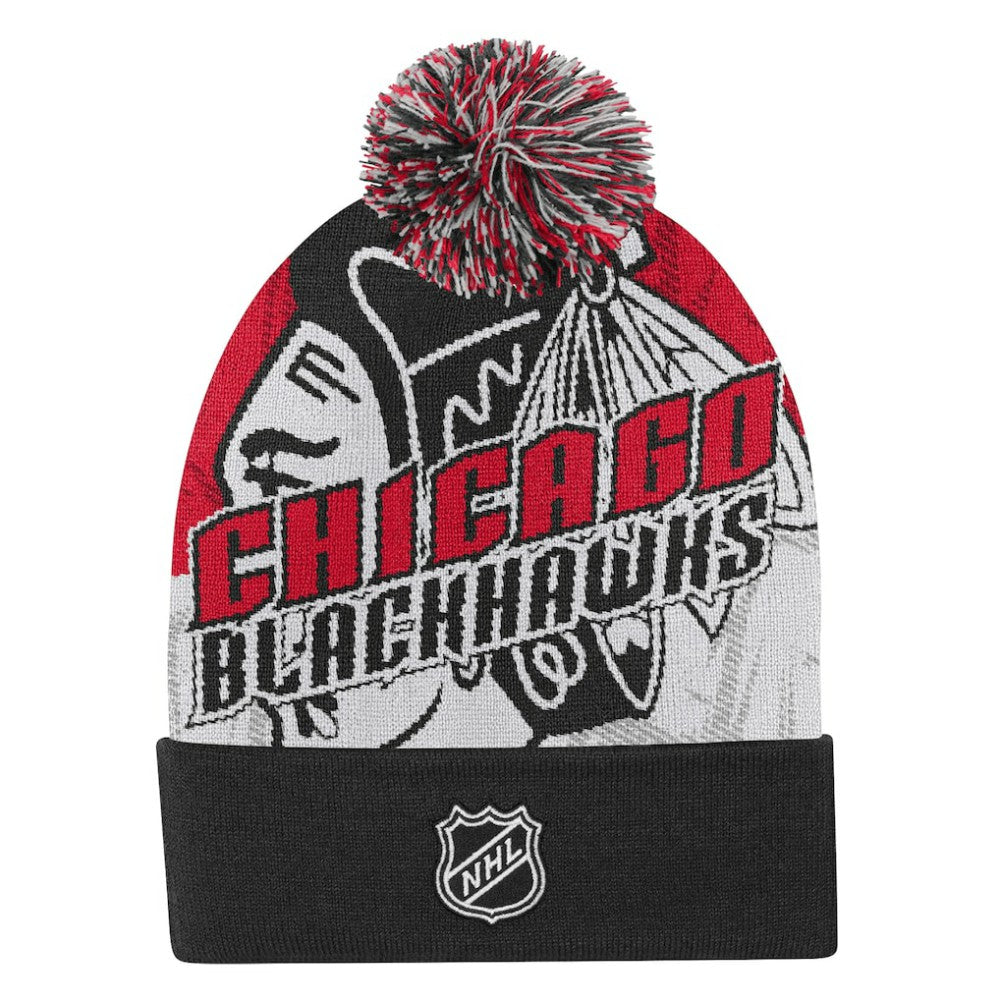 Chicago Blackhawks Outerstuff Youth New Edge Cuffed Knit Hat with Pom - Red | US 202603235