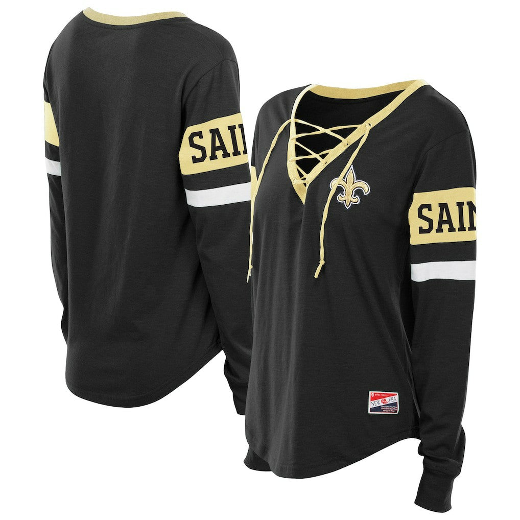 New Orleans Saints New Era Women's Plus Size Throwback Lace-Up Long Sleeve T-Shirt - Black T-shirts