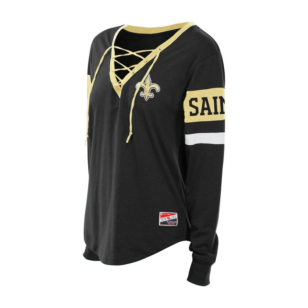 New Orleans Saints New Era Women's Plus Size Throwback Lace-Up Long Sleeve T-Shirt - Black T-shirts