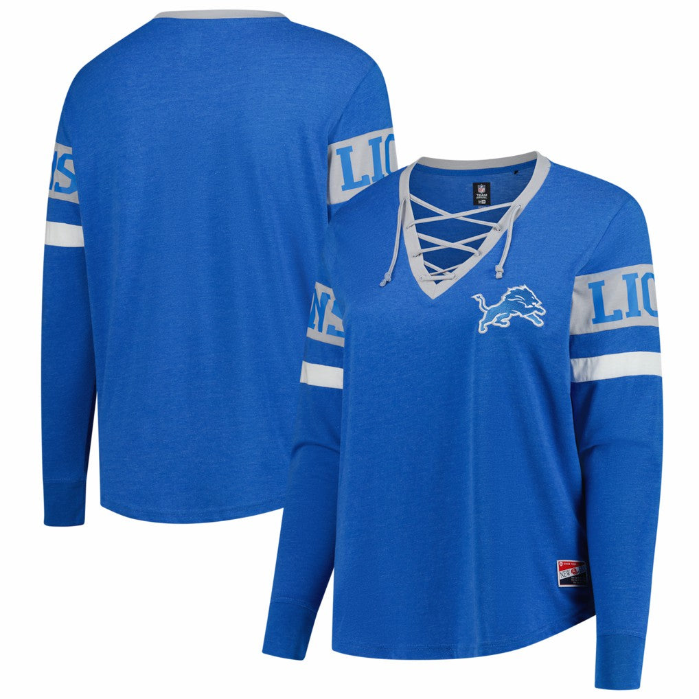 Detroit Lions New Era Women's Plus Size Throwback Lace-Up Long Sleeve T-Shirt - Blue T-shirts