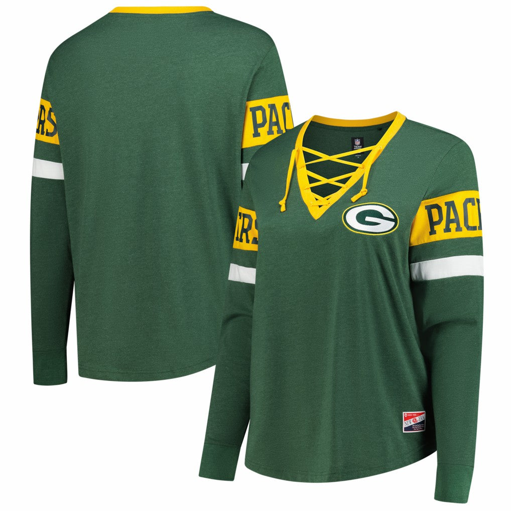 Green Bay Packers New Era Women's Plus Size Throwback Lace-Up Long Sleeve T-Shirt - Green T-shirts