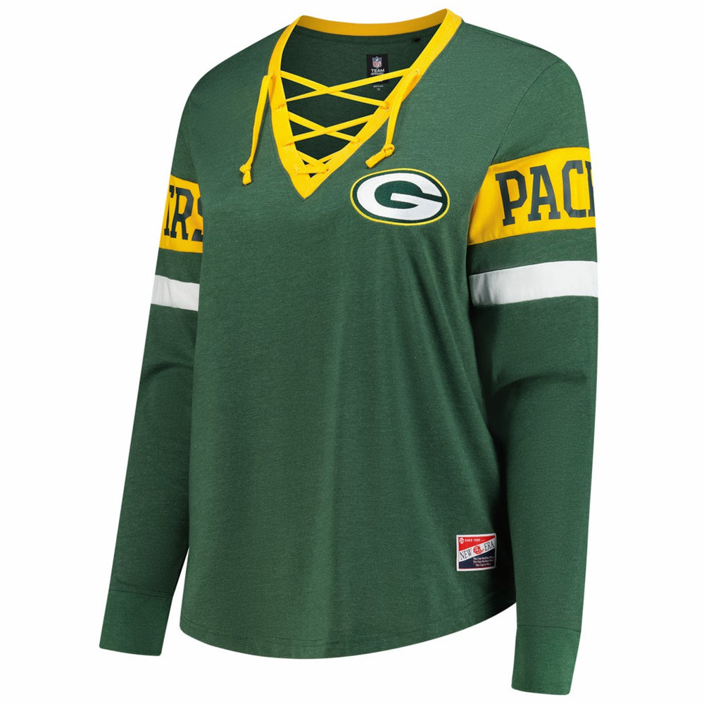 Green Bay Packers New Era Women's Plus Size Throwback Lace-Up Long Sleeve T-Shirt - Green T-shirts