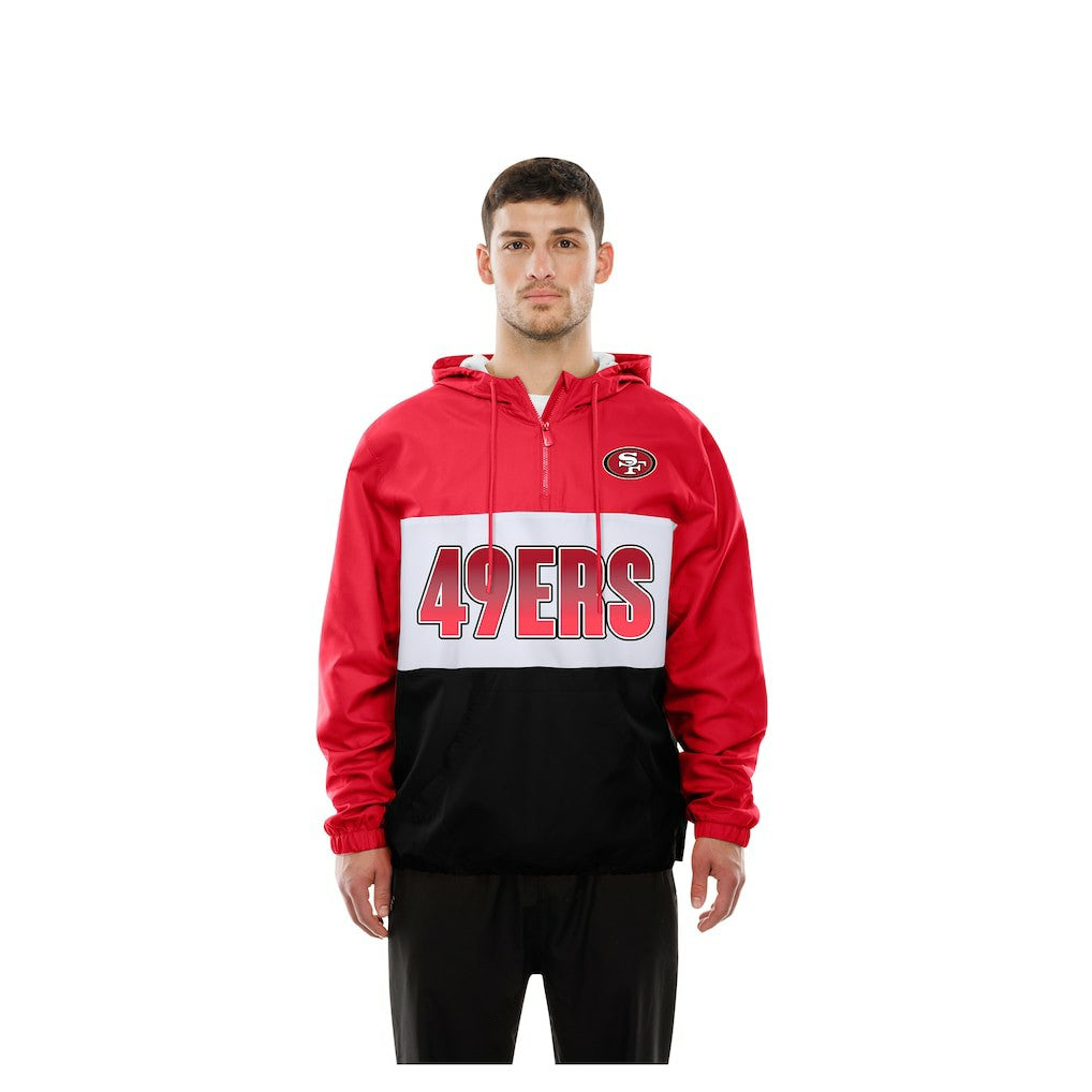 San Francisco 49ers New Era Ripstop Quarter-Zip Hooded Windbreaker - Scarlet Tops