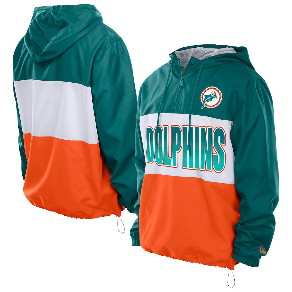 Miami Dolphins New Era Ripstop Quarter-Zip Hooded Windbreaker - Aqua Tops