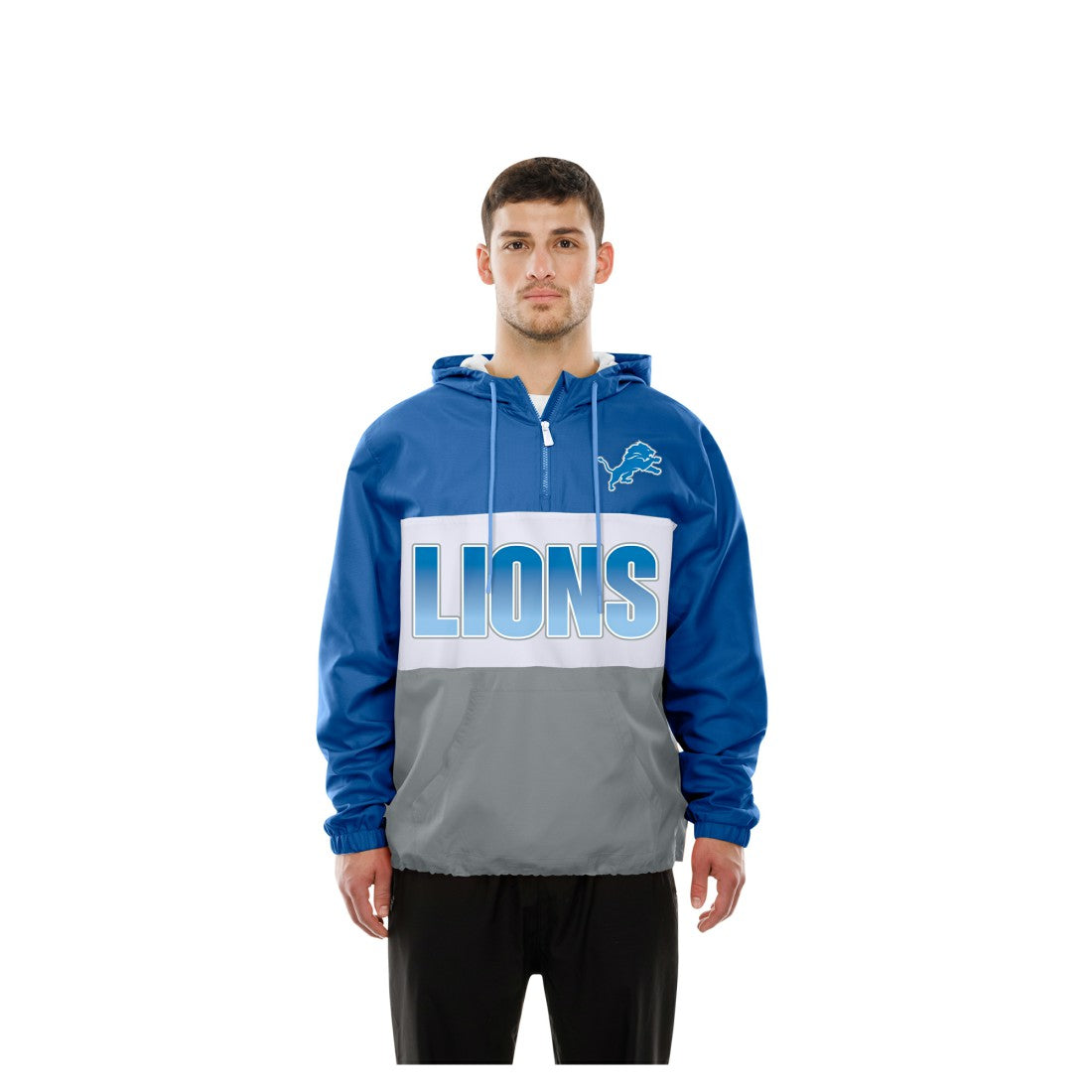 Detroit Lions New Era Ripstop Quarter-Zip Hooded Windbreaker - Blue Tops
