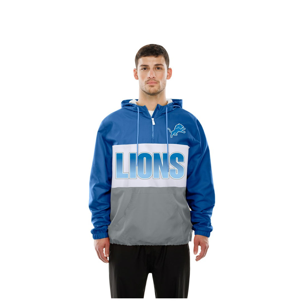 Detroit Lions New Era Ripstop Quarter-Zip Hooded Windbreaker - Blue Tops