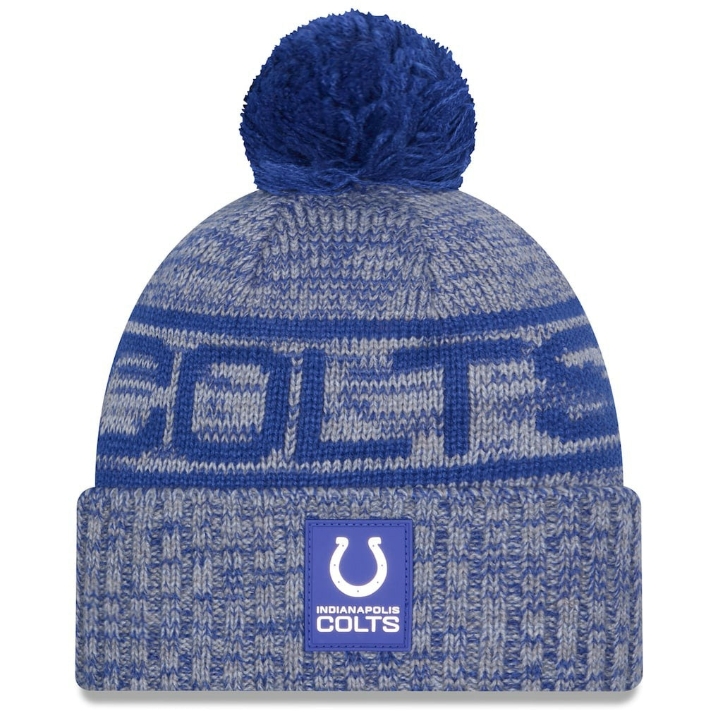 Indianapolis Colts New Era 2025 Sideline Cold Weather Cuffed Knit Hat with Pom - Royal Hats