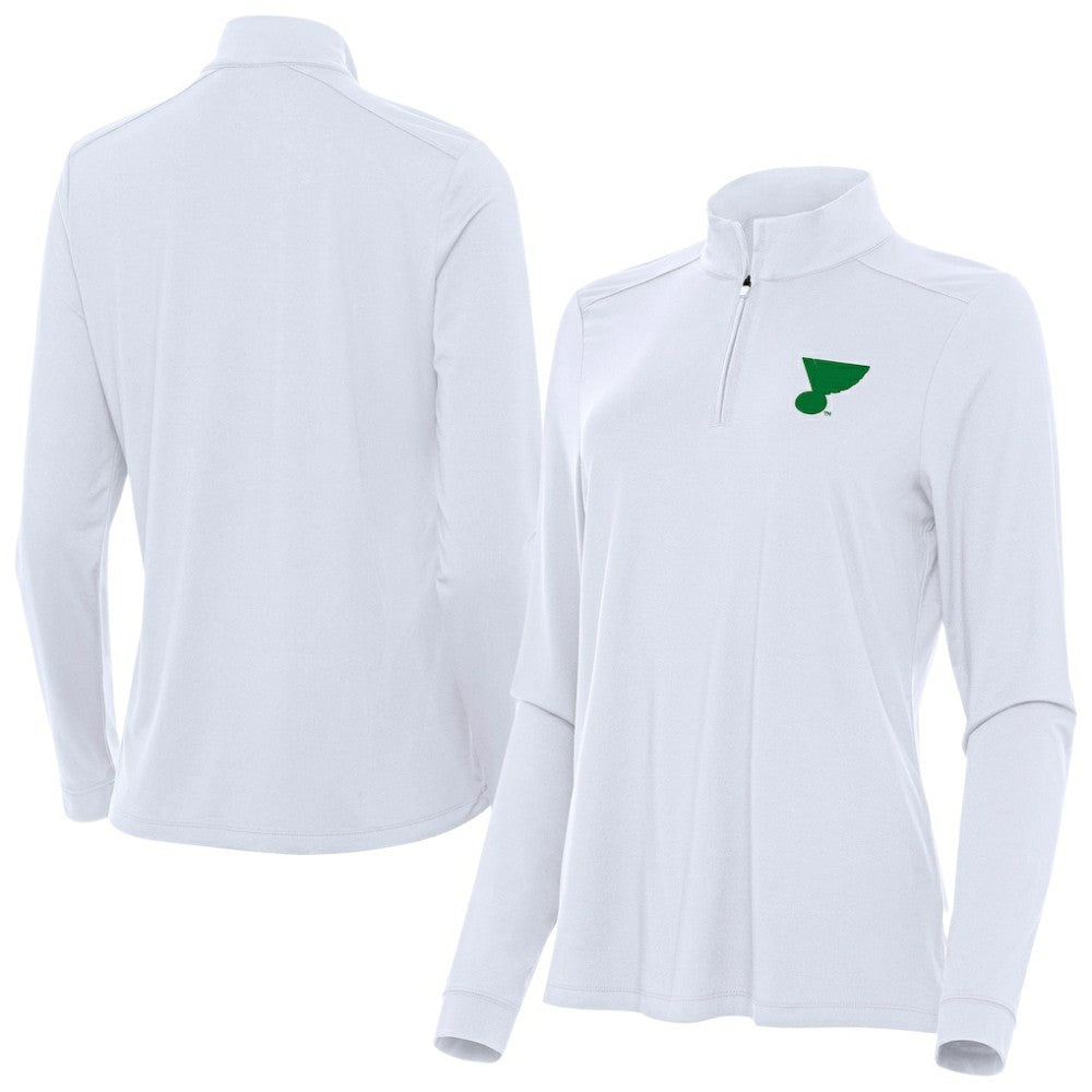 St. Louis Blues Antigua Women's St. Patrick's Day Intent Quarter-Zip Performance Pullover - White | US 202635369