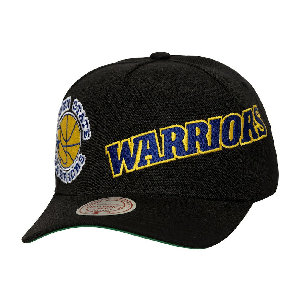 Golden State Warriors Busted Logo Wordmark Wrap-Around Pro Pinch Adjustable Hat Black - Mitchell & Ness