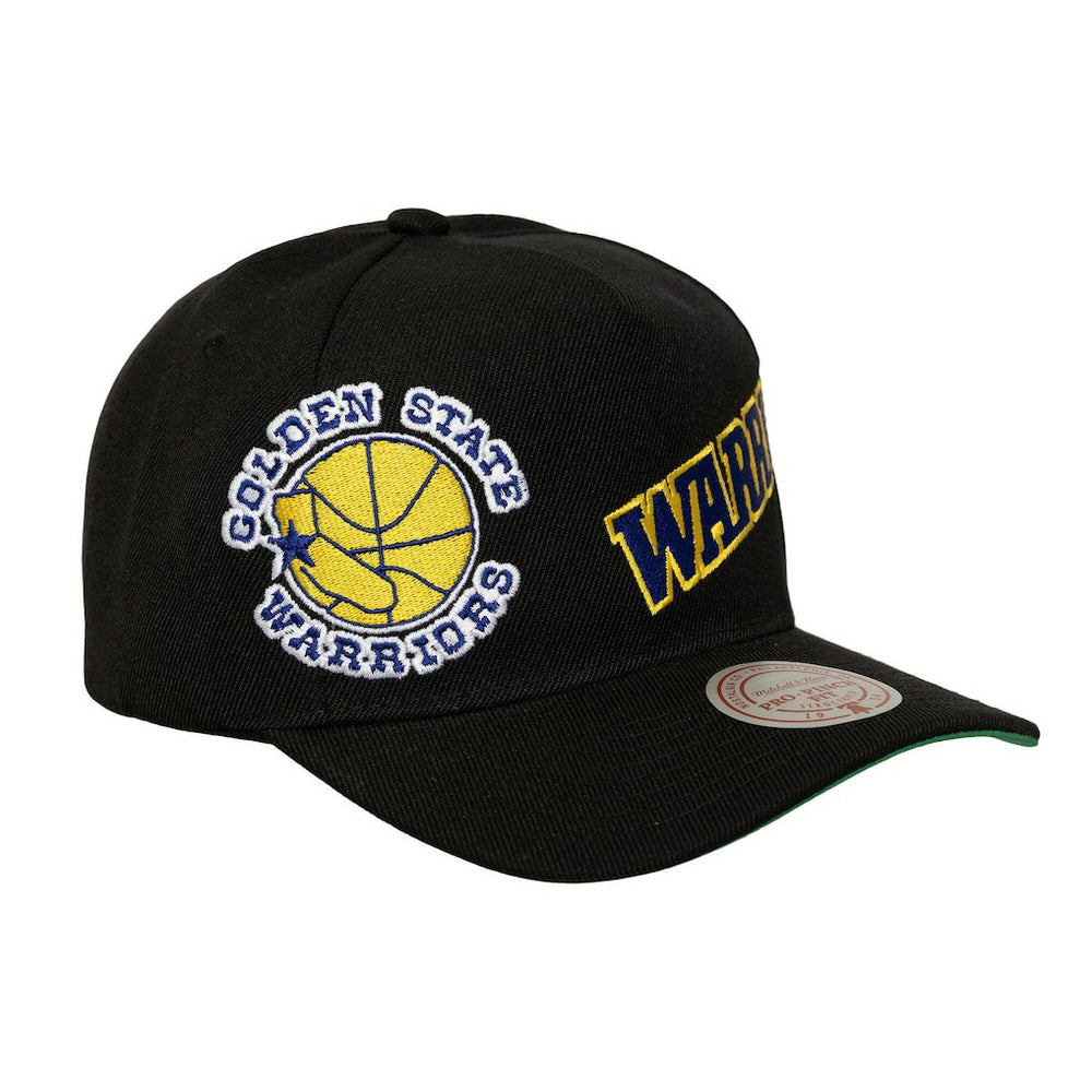 Golden State Warriors Busted Logo Wordmark Wrap-Around Pro Pinch Adjustable Hat Black - Mitchell & Ness