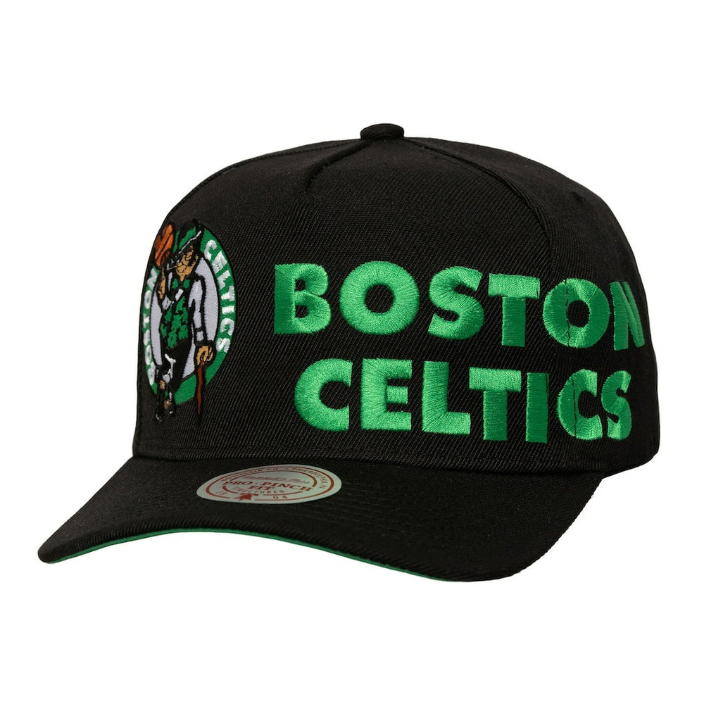 Boston Celtics Busted Logo Wordmark Wrap-Around Pro Pinch Adjustable Hat Black - Mitchell & Ness