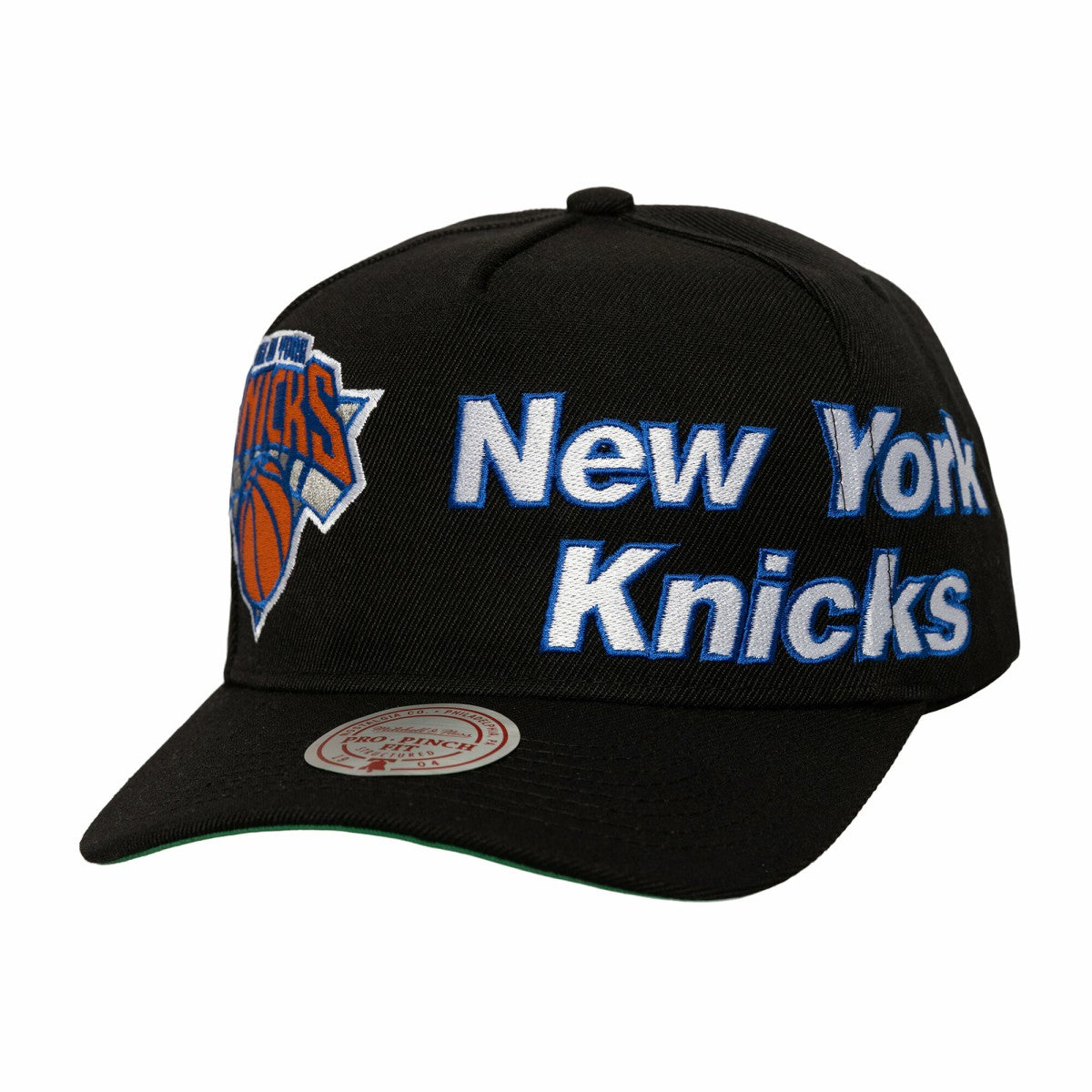 New York Knicks Busted Logo Wordmark Wrap-Around Pro Pinch Adjustable Hat Black - Mitchell & Ness