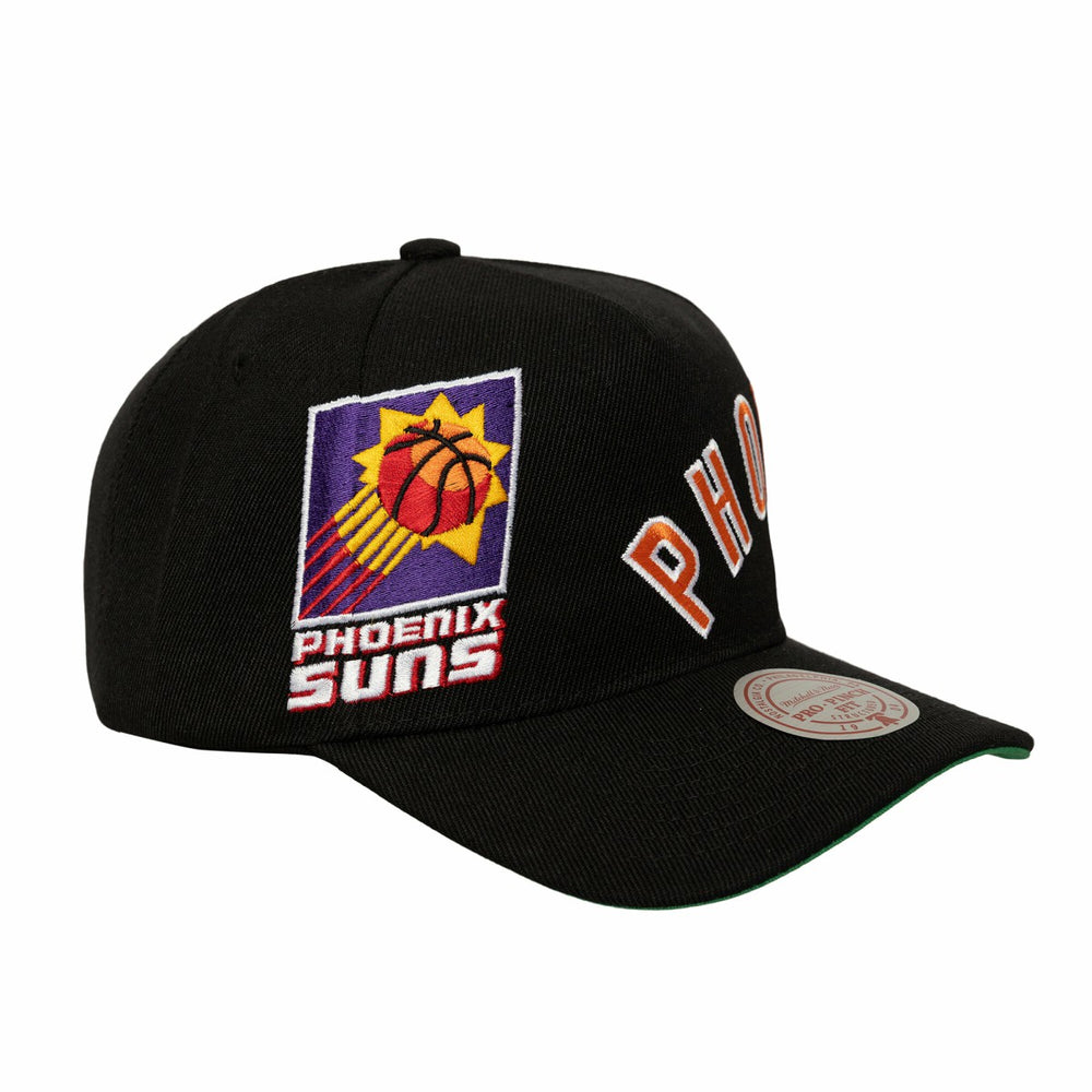 Phoenix Suns Busted Logo Wordmark Wrap-Around Pro Pinch Adjustable Hat Black - Mitchell & Ness