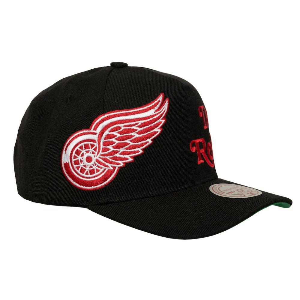 Detroit Red Wings Mitchell & Ness Busted Logo Wordmark Wrap-Around Pro Pinch Adjustable Hat - Black | US 202641037