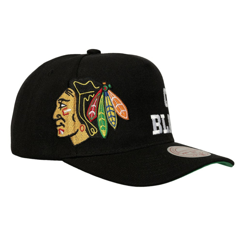 Chicago Blackhawks Mitchell & Ness Busted Logo Wordmark Wrap Around Pro Pinch Adjustable Hat - Black | US 202641039