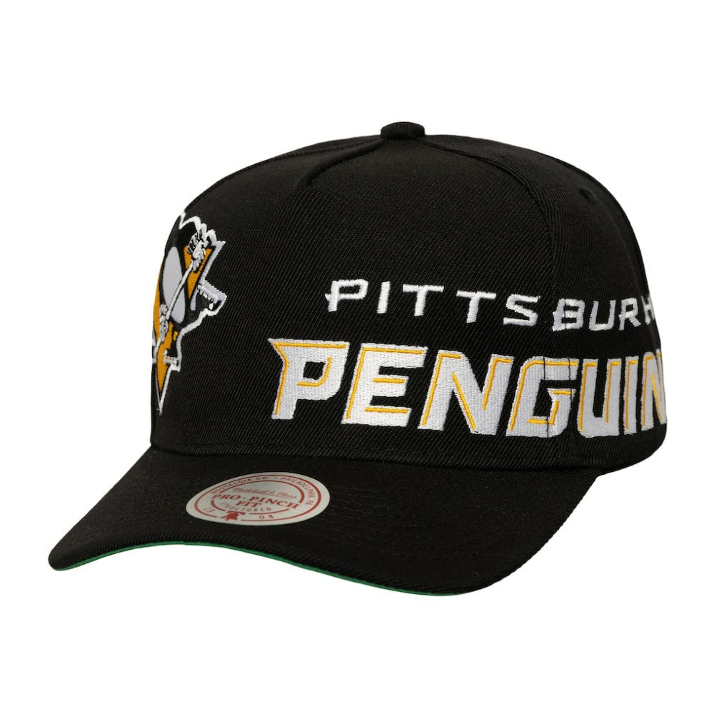 Pittsburgh Penguins Mitchell & Ness Busted Logo Wordmark Wrap-Around Pro Pinch Adjustable Hat - Black | US 202641041