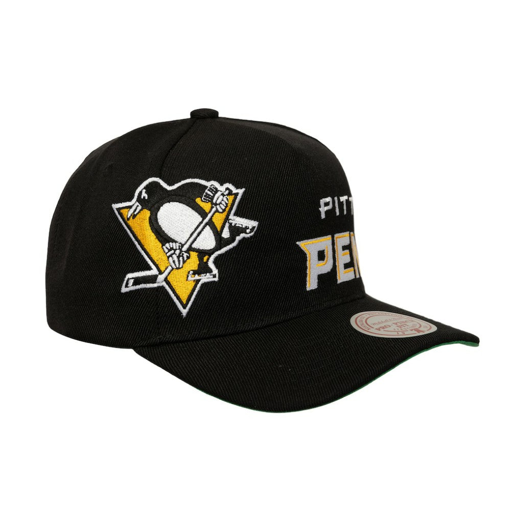 Pittsburgh Penguins Mitchell & Ness Busted Logo Wordmark Wrap-Around Pro Pinch Adjustable Hat - Black | US 202641041