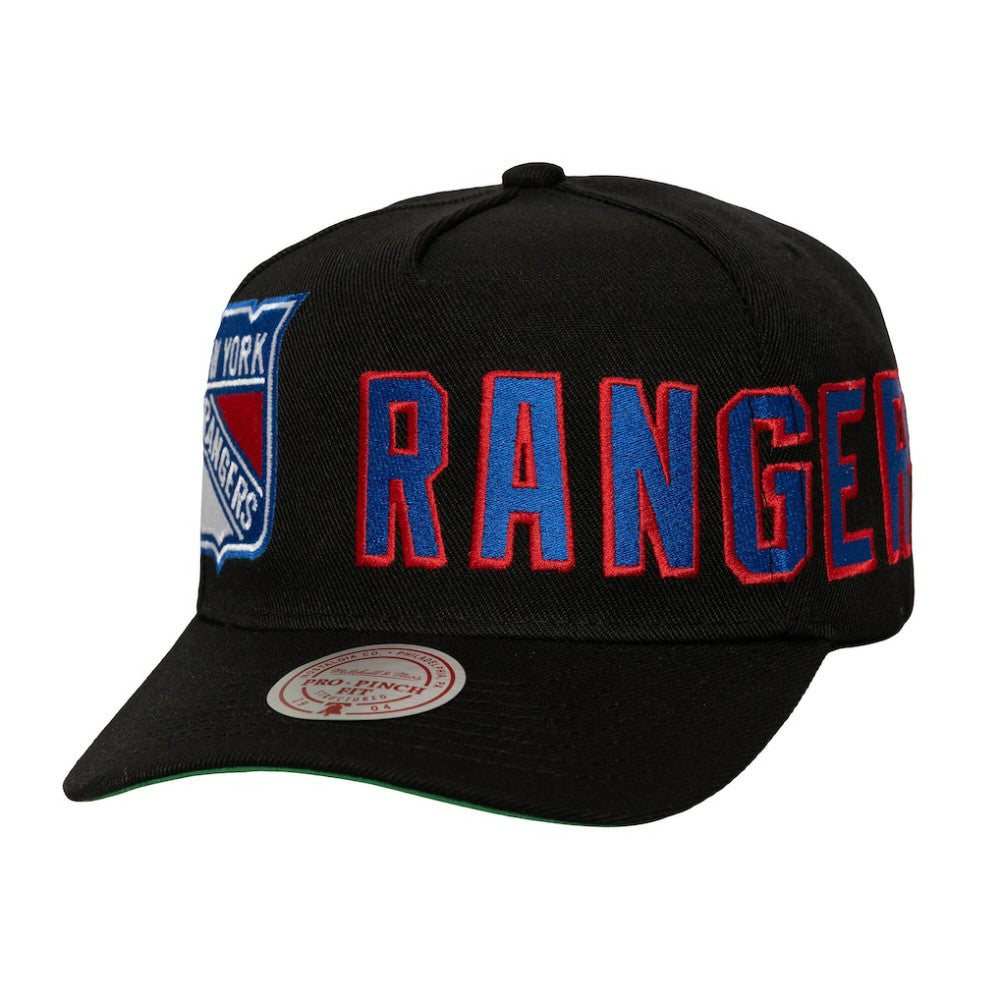 New York Rangers Mitchell & Ness Busted Logo Wordmark Wrap-Around Pro Pinch Adjustable Hat - Black | US 202641043