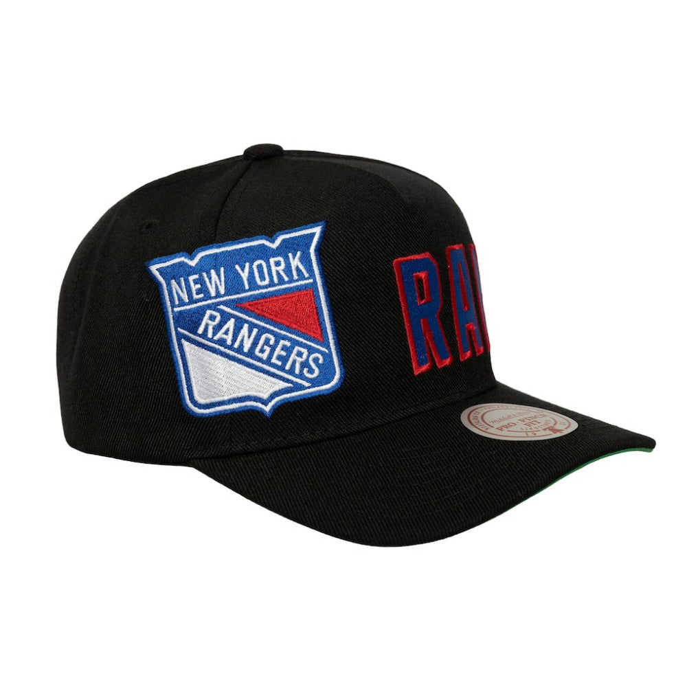 New York Rangers Mitchell & Ness Busted Logo Wordmark Wrap-Around Pro Pinch Adjustable Hat - Black | US 202641043