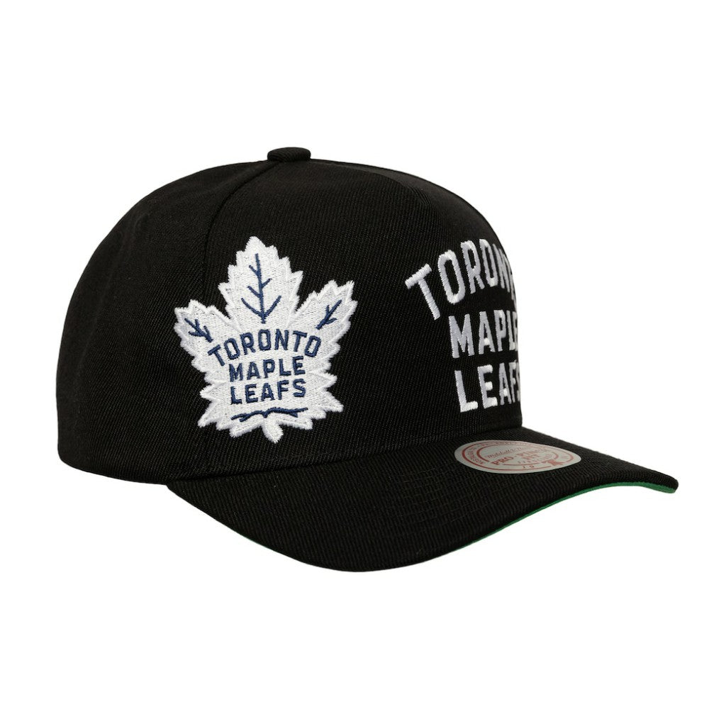 Toronto Maple Leafs Mitchell & Ness Busted Logo Wordmark Wrap-Around Pro Pinch Adjustable Hat - Black | US 202641045